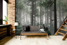 a living room with a couch and stairs in front of a forest wallpaper mural