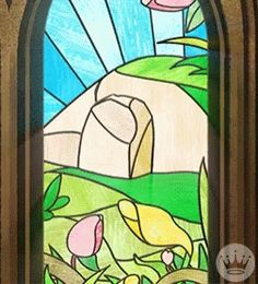 a stained glass window with flowers in the center and an image of a house on it