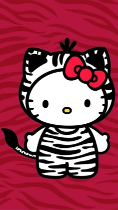 a hello kitty wallpaper with zebra stripes and a red bow on it's head