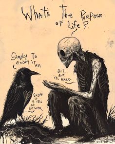 a drawing of a skeleton sitting next to a crow