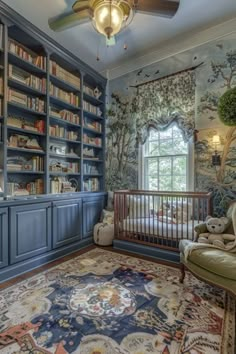 a baby's room with bookshelves and a crib