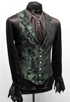 Dark Green Formal Outfit Men, Medieval Formal Wear Men, Fairytale Men Outfit, Green And Black Wedding Suit, Victorian Gothic Outfits Men, Green Prom Outfit Men, Fairycore Suit, Mens Fantasy Ball Outfit, Formal Fantasy Outfits Male