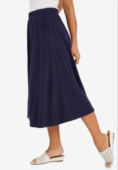 Soft Ease Midi Skirt | Roaman's Casual Solid A-line Maxi Skirt, Casual A-line Bottoms For Day Out, Stretch A-line Bottoms With Elastic Waistband, Casual Flowy Maxi Skirt With Elastic Waistband, Casual A-line Maxi Skirt For Work, Casual A-line Skirt With Elastic Waistband, Casual Stretch Maxi Skirt With Elastic Waistband, Casual A-line Bottoms For Fall, Casual A-line Maxi Skirt With Elastic Waistband