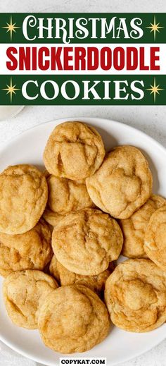 christmas snickkerdoodle cookies on a white plate with the title above it