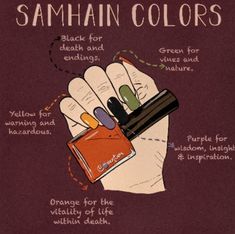 Color Magic Witchcraft Nails, Samhain Altar In A Jar, Samhain Outfit, Samhain Colors, Samhain Nails, Popular Nail Ideas, Witch Holidays, Samhain Recipes, Witchcraft Tattoos