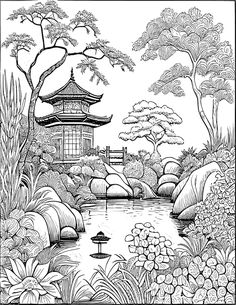 a black and white drawing of a pagoda in the middle of a garden with flowers