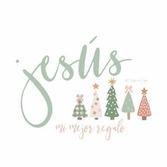 the words jesus and christmas trees are in pastel green, pink, and white