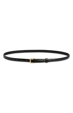 The Stockholm-based design duo expands their arsenal of timeless accessory staples with this slender belt crafted from smooth, glossy leather and cinched with a polished buckle. Leather Made in Italy Belts Aesthetic, Fashion Airport, Designer Belt, Fabric Gift Bags, Timeless Accessories, Fabric Gifts, Fit Inspo, Black Belt, Black Design