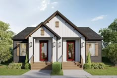 a small white house with two red doors