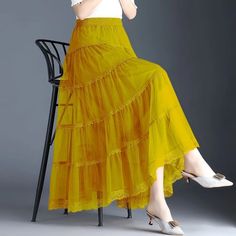 Olivia Mark - High-Waisted A-Line Lace Mesh Midi Skirt With Floral Detailing and Pleats Non-stretch Yellow Skirt For Summer, Organza Midi Skirt, Mesh Midi Skirt, Tulle Tutu Skirt, Maxi Dresses Fall, Wrap Around Skirt, Mesh Skirt, Mesh Overlay, Modern Trend