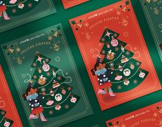 several christmas cards with children around the tree and presents on them, all in different colors