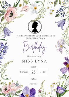 a birthday card with flowers and the silhouette of a woman's head on it