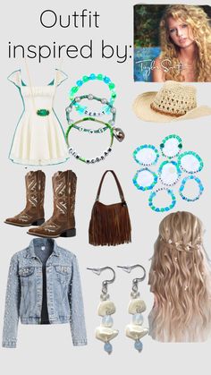 a woman's outfit and accessories including boots, necklaces, bracelets, earrings