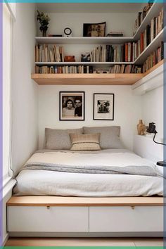 a bedroom with bookshelves and shelves above the bed