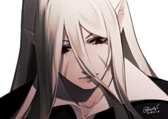 an anime character with long white hair and red eyes looking at the camera while wearing black