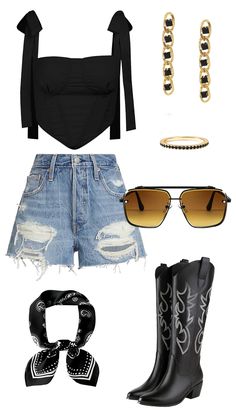 Country Concert Top Amazon, Casual Jean Office Outfit, Gold Nashville Outfit, Concert Outfit With Black Boots, Country Concert Outfits With Black Boots, Cow Girl Outfits Concert, Country Concert Black Boots, Bling Country Concert Outfit, Leather Shorts Country Outfit