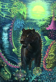 a painting of a black leopard surrounded by plants and flowers with a waterfall in the background