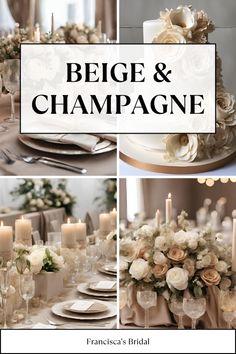 a collage of photos with candles and flowers on it, including champagne glasses, plates, and napkins