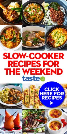 the cover of slow cooker recipes for the weekend, with images of different dishes