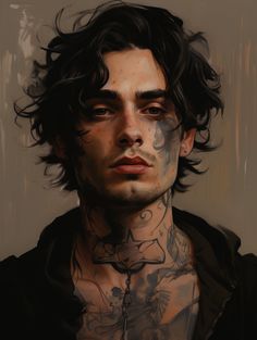 a painting of a man with tattoos on his neck and chest, looking at the camera