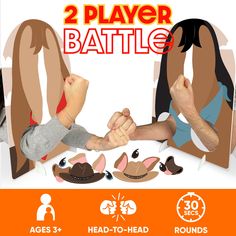 two people holding hands in front of an orange and white background with the words 2 player battle