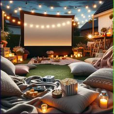 an outdoor movie is set up on the grass with lights strung over it and popcorn