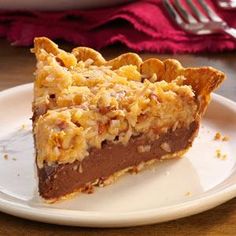 a slice of chocolate pie on a white plate