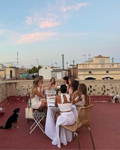 a group of women sitting at a table on top of a roof with a dog