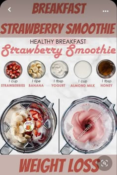 the ingredients for strawberry smoothie in a blender with text overlay that reads, breakfast