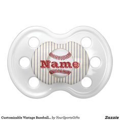 a personalized baby pacifier with a baseball ball on the front and stripes around it