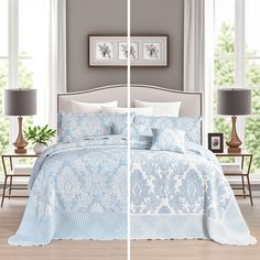 two pictures of a bed with blue and white bedspreads