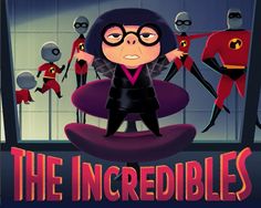 the incredibles cartoon character in front of a mirror with other characters behind it,