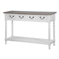 a white console table with three drawers