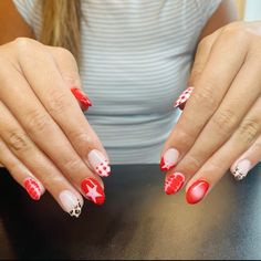 #red#nails#nailsofinstagram #nailsart#cheetah#cheetahprint#cheetahnails#leopard#red#fire#aura#frenchnails#star#gingham#cute #aesthetic Red Mismatched Nails, Super Fun Nails, Cute Aesthetic Almond Nails, Red Western Nail Ideas, Red Design Nails Acrylic, Cheetah Print And Red Nails, Red Gingham Nails, Cheetah And Red Nails, Funky Red Nails