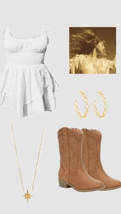 a white dress, cowboy boots, and necklace are featured in this fashion lookbook