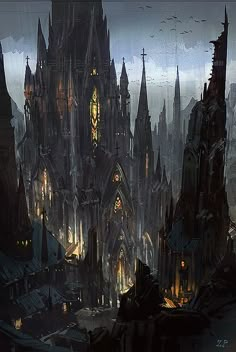 an image of a gothic city at night