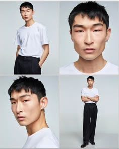 four different shots of a man in white shirt and black pants with his arms crossed