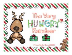 the very hungry reindeer is on display in front of a christmas themed frame with presents