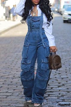 Olivia Mark - Contemporary Denim Jumpsuit with Spaghetti Straps, Patchwork Detailing, and Backless Design Denim Style Casual, Stretch Denim Fabric, All Jeans, Backless Design, Denim Romper, Mode Inspo, Denim Jumpsuit, Looks Style