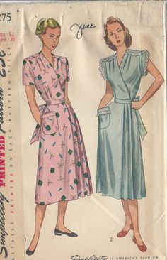 1948 Vintage Sewing Pattern B30 Wrap-around HOUSE DRESS 30 Simplicity 2275 - Etsy 1940s Dress Pattern, Costume Sewing Patterns, Vintage Dress Patterns, Wrap Around Skirt, Motif Vintage, 1940s Dresses, Couture Vintage, Simplicity Patterns, 1940s Fashion