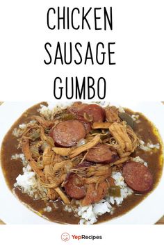 chicken sausage gumbo with rice in a white bowl