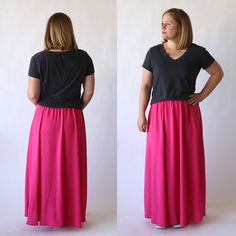 the woman is wearing a long pink skirt with black top on her back and bottom half open