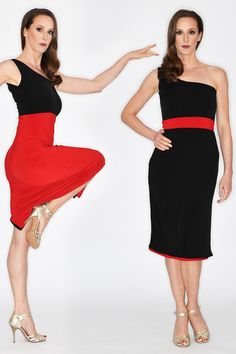 Tango dress Canaro features a sheath shape with a side slit, a double layer fabric and a contrastive red belt for a reversible look. Asymmetric neckline adds elegance to this gown and will make you tango forever #tangodress #tangodresses #tangomode #tangofashion #asymmetricneckline Reversible Fashion