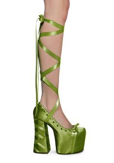 Sugar Thrillz Ribbon Wrap Platform Ballet Heels - Green – Dolls Kill Really Tall Heels, Satin Heels With Satin Bow And Round Toe, Spring Satin Heels With Ankle Tie, Spring Satin Ankle Tie Heels, Satin Platform High Heels, Satin Platform Heels For Party, Party Chunky Platform Lace-up Heels, Green Ballet Shoes, Green Platform Heels