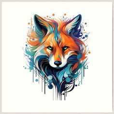 a fox with blue eyes and colorful paint splatters on it's face