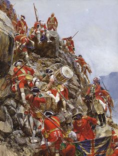 a painting of men in red uniforms on top of a mountain