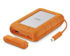 an orange hard drive case with two usbs attached to the front and back sides