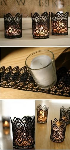 some candles that are sitting on top of a doidled table cloth with lace around them