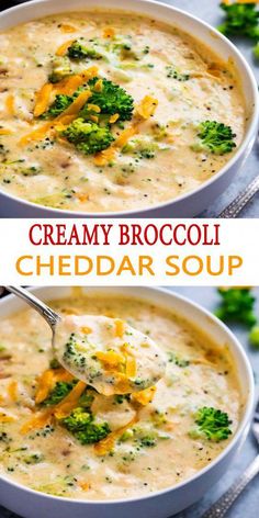 two bowls of creamy broccoli cheddar soup