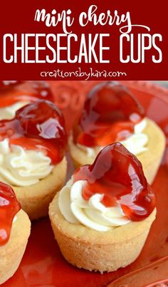 mini cherry cheesecake cups on a red plate with the title in the middle above it